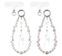 MEDIHOOL 2 portachiavi eleganti con perline a forma di farfalla, ciondoli per telefono con perle e cordino in cristallo, accessorio carino per chiavi e telefoni (bianco e rosa)