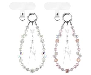 MEDIHOOL 2 portachiavi eleganti con perline a forma di farfalla, ciondoli per telefono con perle e cordino in cristallo, accessorio carino per chiavi e telefoni (bianco e rosa)