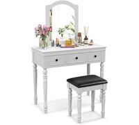 MEDIMALL Scrivania da trucco con specchio, set da toeletta con morbido sgabello imbottito, tavolo da toeletta con 3 cassetti e gambe in legno massello, comò per camera da letto e studio (bianco)