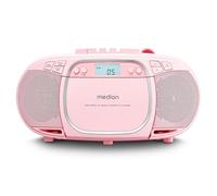 MEDION E66476 Sistema audio stereo (boombox, lettore CD, MP3, cassetta, lettore portatile di cassette per bambini, radio FM, AUX, cuffie, rete e batteria) Rosa