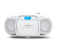 MEDION E66476 Sistema audio stereo (boombox, lettore CD, MP3, cassetta, lettore portatile di cassette per bambini, radio FM, AUX, cuffie, rete e batteria) bianco