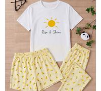 Mediterranean Chic: Set pigiama da 3 pezzi con maglietta grafica 'Rise & Shine' e pantalone a gamba ampia e pantaloncino con stampa allover di limoni L,M,S,XLLettere,Frutta & verduraTessuto