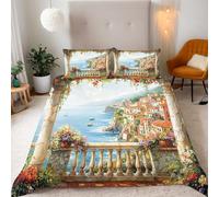 Mediterraneo Parure Copripiumino Matrimoniale 155x220cm Edifici Della Città Sulla Spiaggia Copripiumino Ragazza Set di Biancheria da Letto Microfibra Cerniera Nascosta 3 Pezzi e 2 x Federe 50x75cm