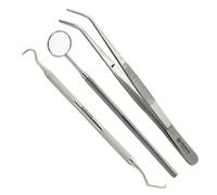 Medpso Kit per Prima Visita Odontoiatrica Set di 3 Strumenti - Specchietto Bocca, Specillo Doppio e Pinzetta London College in Acciaio Inossidabile AISI 304 (Argento, Set di 3)