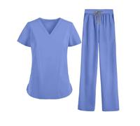 MEDSKIN Essential Scrub Set da donna - Maglia leggera con scollo a V e pantaloni da yoga in vita, Blu Ceil, XL