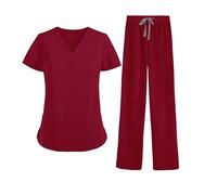 MEDSKIN Essential Set di Divise Mediche da Donna - Casacca Leggera con Scollo a V e Pantaloni con Fascia Elastica in Vita Stile Yoga, Borgogna, S