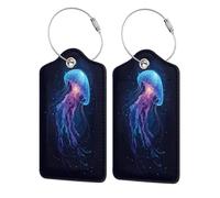 Meduse nello spazio galleggianti per bagagli per valigie, confezione da 2 etichette per bagagli in pelle con patta per la privacy, etichetta identificativa con nome e anello in metallo, per donne e