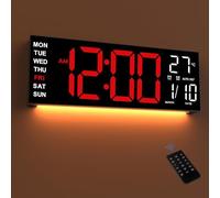 Mee 2ou Orologio Digitale da Parete Grande 16.5" con Luce Notturna, Auto Dimming, 2 Allarmi, 8 Colori RGB, Temperatura, Telecomando, 12/24H, da Parete o da Tavolo