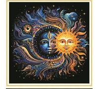 Meecaa Kit per punto croce, 11 punti, con immagine di Yin Yang e sole, kit per ricamo prestampato con accessori (36 cm x 36 cm) (viso)