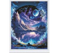 Meecaa Kit per punto croce, 11 punti, paesaggio riflesso, luna lago, kit da ricamo con accessori, prestampato (36 cm x 46 cm) (paesaggio)