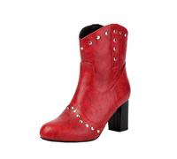 MEECHI 2025 Nuovi Stivali con Borchie Stivaletti Taglie Grandi da Donna Tacchi Alti 7 Cm Stivali Corti in Pelle PU Stivaletti con Punta Arrotondata E Tacco Largo Scarpe Slip-on retrò(Red,39 EU)