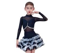 MEECHI Abito da Ballo Latino for Bambine, Body A Maniche Lunghe in Rete E Gonna in Tulle for Ragazze Dress da Ballo da Competizione Completo da Ballo for Rumba Samba Cha Cha Tango