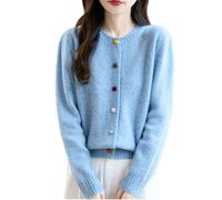 MEECHI Cardigan da Donna Maglione Caldo in Cashmere con Bottoni Eleganti Cardigan Tinta Unita Maglione Girocollo A Maniche Lunghe Autunno-Inverno Pullover Lavorato A Maglia Slim Fit(Blue,L)