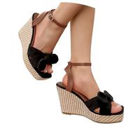 MEECHI Eleganti Sandali con Zeppa E Plateau con Fiocco Tacchi Alti Estivi da Donna in Pelle Scamosciata retrò Pumps con Punta Quadrata E Cinturino alla Caviglia,Scarpe da Sera for Feste(37 EU)