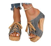 MEECHI Pantofole in Denim Vintage Sandali Stringati da Donna di Taglia Grande Ciabatte con Zeppa A Plateau da 7 Cm 2026 Comode Scarpe da Spiaggia Antiscivolo Estive(Black,38 EU)