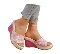 MEECHI Pantofole Peep Toe da Sposa Eleganti Sandali con Zeppa E Fiore in Pizzo Pantofole Casual for Interni Ed Esterni Comode Scarpe da Sera da 8,5 Cm Tacchi Alti Estivi da Donna(Pink,43 EU)