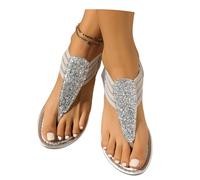 MEECHI Sandali con Punta A Clip Sandali Eleganti da Donna con Paillettes Sandali Estivi con Separatore Dita Infradito Leggere E Antiscivolo Scarpe da Spiaggia Bohémien Casual Sandali Piatti(36 EU)