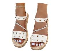 MEECHI Sandali da Sposa Bianchi Sandals Moda con Rivetto Sandali Romani in Pelle PU da Donna Scarpe Estive con Suola Morbida E Elastico Scarpe da Spiaggia Piatte della Boemia for Matrimonio(36 EU)