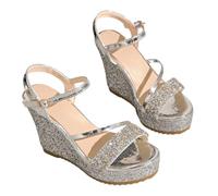 MEECHI Sandali da Sposa con Paillettes Sandali da Donna con Plateau E Zeppa di 10 Cm Tacchi Alti A Punta Aperta con Cinturino alla Caviglia Scarpe da Sera Taglie Forti Estate 2026(Silver,37 EU)