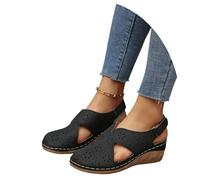 MEECHI Sandali da Trekking Chiusi da Donna Sandali Ortopedici con Supporto Plantare Scarpe Estive Cave in Pelle PU con Plantare Morbido Sandals retrò con Zeppa for Esterno(Black,42 EU)