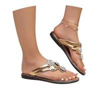 MEECHI Sandali Estivi da Donna con Separatore delle Dita Infradito Piatte con Fiore di Strass Pantofole con Punta A Clip Flip Flops in Pelle PU Scarpe da Spiaggia in Stile Bohémien(Gold,36 EU)