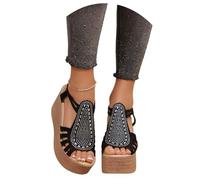 MEECHI Sandali Lucidi con Strass Sandals con Zeppa con Plateau da Donna Sandali Romani Vintage Elastico Scarpe Estive Peep Toe di Grandi Dimensioni for Ufficio, Feste, Appuntamenti(Black,39 EU)