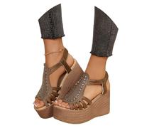 MEECHI Sandali Lucidi con Strass Sandals con Zeppa con Plateau da Donna Sandali Romani Vintage Elastico Scarpe Estive Peep Toe di Grandi Dimensioni for Ufficio, Feste, Appuntamenti(Brown,36 EU)