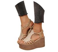 MEECHI Sandali Lucidi con Strass Sandals con Zeppa con Plateau da Donna Sandali Romani Vintage Elastico Scarpe Estive Peep Toe di Grandi Dimensioni for Ufficio, Feste, Appuntamenti(Beige,43 EU)