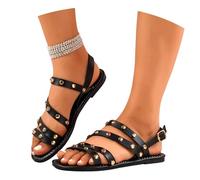 MEECHI Sandali Romani da Donna con Fibbia Sandali Piatti Vintage con Rivetto Sandali Estivi in Pelle PU for Piedi Larghi Scarpe da Spiaggia Casual Bohémien da Studente(38 EU)