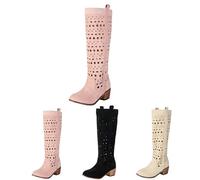 MEECHI Stivaletti Cavi Stivali da Cowboy Western Estivi da Donna Boots Lunghi in Pelle Scamosciata retrò Stivali da Equitazione con Tacco Largo Scarpe Casual Slip-on con Tubo Largo(Pink,36 EU)