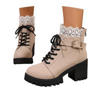 MEECHI Stivaletti con Plateau Gotico Stivaletti Biker da Donna in Pelle PU Scarpe alla Caviglia con Tacco Largo Primavera 2026 Eleganti Stivali Stringati con Lacci Tacchi Alti Sexy(Beige,40 EU)