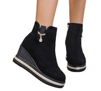 MEECHI Stivaletti con Zeppa 7,5 Cm Ankle Boots da Donna con Fibbia in Strass Stivali Corti in Camoscio Vintage Booties Autunno-Inverno con Cerniera 2024 Nuove Scarpe alla Caviglia(43 EU)