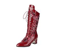 MEECHI Stivaletti in Pelle Verniciata PU da Donna 2025 Stivali Stringati con Paillettes Eleganti Boots con Tacco A Blocco Stivaletti con Punta Affilata Tacchi Alti 5,5 Cm Scarpe da Sera(Red,43 EU)