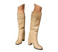 MEECHI Stivali al Ginocchio con Tacco A Blocco da 7 Cm Stivali A Gambale Lungo da Donna in Pelle PU con Fibbia Scarpe Slip-on con Gamba Larga Stivali di Transizione Tacchi Alti for Serata