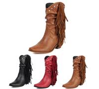 MEECHI Stivali Corti da Donna con Borchie Stivali da Cowboy Western retrò con Frange Stivaletti in Pelle PU con Tacco A Blocco Scarpe Slip-on Stivaletti Casual for Primavera E Autunno(Brown,43 EU)