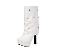 MEECHI Stivali Corti da Donna con Tacco A Blocco 2025 Stivali A metà Polpaccio con Rivetti Stivaletti in Pelle PU con Cerniera Laterale Stivaletti con Plateau Impermeabili Tacchi Alti(White,41 EU)