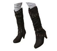 MEECHI Stivali da Cowboy in Pelle Scamosciata con Rivetti Boots Western Lunghi da Donna Stivali retrò con Cerniera Boots di Transizione for Il Tempo Libero con Tacco Scarpe Invernali(Black,36 EU)