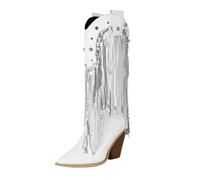 MEECHI Stivali da Cowboy Western da Donna con Borchie Boots Lunghi retrò 2025 con Frange Stivali A Punta con Tacco Largo Scarpe Slip-on con Tubo Largo in Pelle PU(White,37 EU)