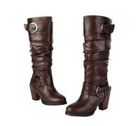 MEECHI Stivali da Motociclista con Gambale Lungo da Donna Boots da Equitazione in Pelle PU con Doppia Fibbia Stivali da Neve Caldi Foderati in Peluche Scarpe Slip-on con Tacco A Blocco(Brown,39 EU)