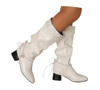 MEECHI Stivali Invernali Eleganti con Gambale Lungo E Tacco A Blocco Stivali Alti da Donna con Patchwork in Pizzo Scarpe Slip-on Larghe A Tubo in Pelle PU for Esterni/Feste(White,39 EU)