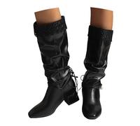 MEECHI Stivali Invernali Eleganti con Gambale Lungo E Tacco A Blocco Stivali Alti da Donna con Patchwork in Pizzo Scarpe Slip-on Larghe A Tubo in Pelle PU for Esterni/Feste(Black,40 EU)