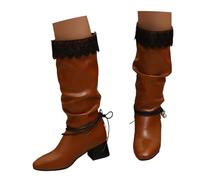 MEECHI Stivali Invernali Eleganti con Gambale Lungo E Tacco A Blocco Stivali Alti da Donna con Patchwork in Pizzo Scarpe Slip-on Larghe A Tubo in Pelle PU for Esterni/Feste(Brown,38 EU)