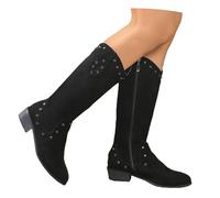 MEECHI Stivali Lunghi in Stile Britannico retrò con Borchie Stivali da Cowboy Western da Donna con Cerniera Scarpe Invernali in Pelle Scamosciata con Tacco Basso(Black,41 EU)