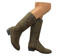 MEECHI Stivali Lunghi in Stile Britannico retrò con Borchie Stivali da Cowboy Western da Donna con Cerniera Scarpe Invernali in Pelle Scamosciata con Tacco Basso(Green,42 EU)