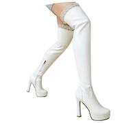 MEECHI Stivali sopra Il Ginocchio con Cerniera Boots Alti Elasticizzati in Pelle Verniciata PU con Tacco Stivali da Equitazione con Patchwork di Pizzo Tacchi Alti con Plateau for Sposa(White,41 EU)