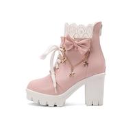 MEECHI Stivali Stringati da Donna con Cerniera Stivaletti con Calda Fodera in Peluche Stivaletti Studenteschi con Fiocchi Stivali con Plateau Antiscivolo Scarpe alla Caviglia in Pelle PU(Pink,37 EU)