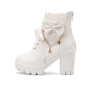 MEECHI Stivali Stringati da Donna con Cerniera Stivaletti con Calda Fodera in Peluche Stivaletti Studenteschi con Fiocchi Stivali con Plateau Antiscivolo Scarpe alla Caviglia in Pelle PU(White,41 EU)