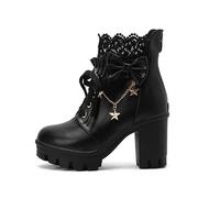 MEECHI Stivali Stringati da Donna con Cerniera Stivaletti con Calda Fodera in Peluche Stivaletti Studenteschi con Fiocchi Stivali con Plateau Antiscivolo Scarpe alla Caviglia in Pelle PU(Black,37 EU)