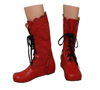 MEECHI Stivali Vittoriani Vintage da Donna Boots Rinascimentali in Pelle PU con Lacci E Volant Stivali A metà Polpaccio con Punta Tonda E Tacco A Zeppa Scarpe Medievali retrò for Feste(Red,40 EU)