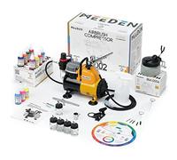 MEEDEN Kit compressore aerografo portatile con avvio e arresto automatici 3 aerografi a doppia azione 24 colori acrilici Kit aerografo con kit di pulizia completo per artisti